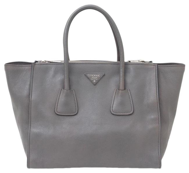 Prada Twin Pocket Double Zip Gray Leather Tote