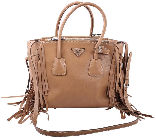 Prada Twin Pocket Fringed Tan Leather Tote