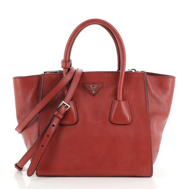 Prada Twin Pocket Glace Calf Small Red Leather Tote