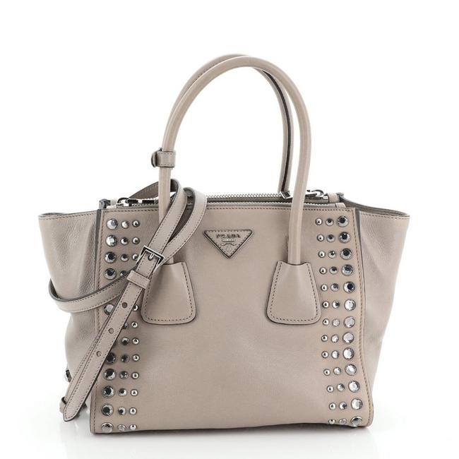 Prada Twin Pocket Studded Small Neutral Leather Tote