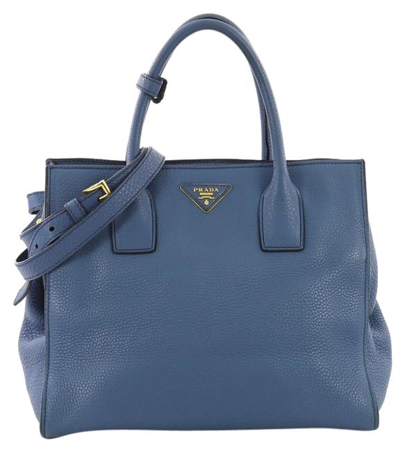 Prada Vitello Daino Shopping Twin Medium Blue Leather Tote