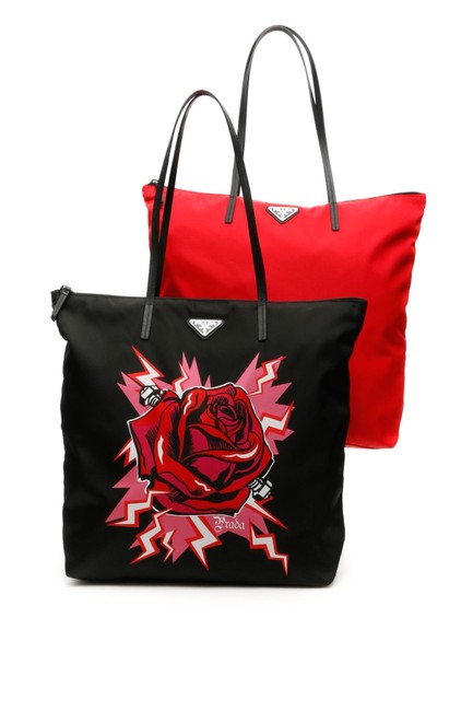 Prada Twin Sn BlackRedPink Leather Tote
