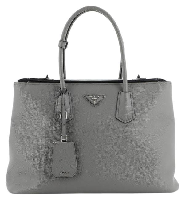 Prada Twin Turnlock Cuir Medium Gray Saffiano Leather Tote