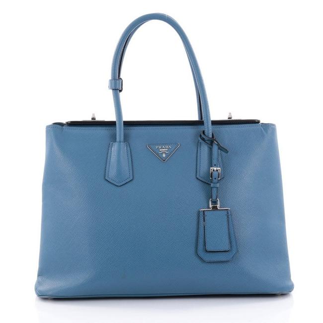 Prada Twin Turnlock Saffiano Medium Blue Leather Tote