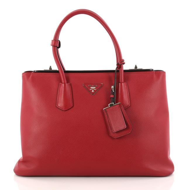 Prada Twin Turnlock Saffiano Medium Red Leather Tote