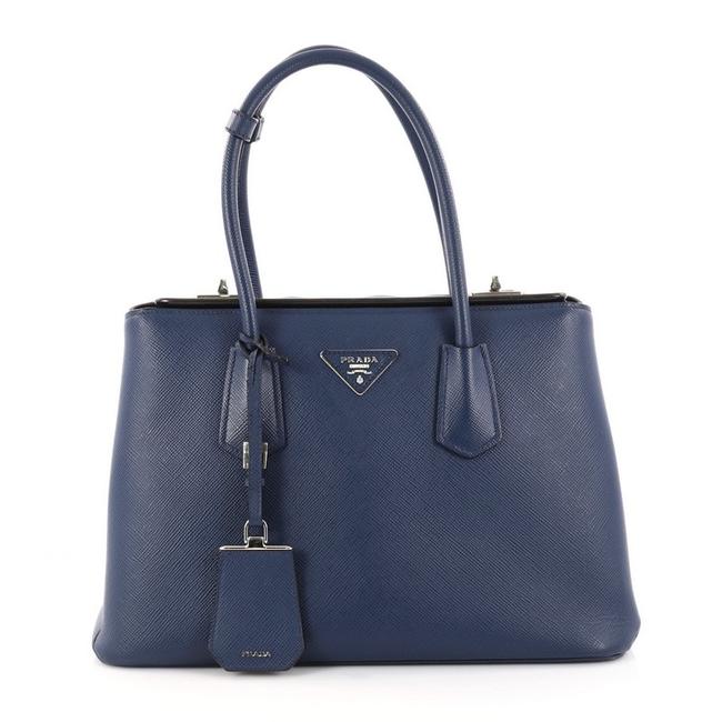 Prada Twin Turnlock Saffiano Small Blue Leather Tote