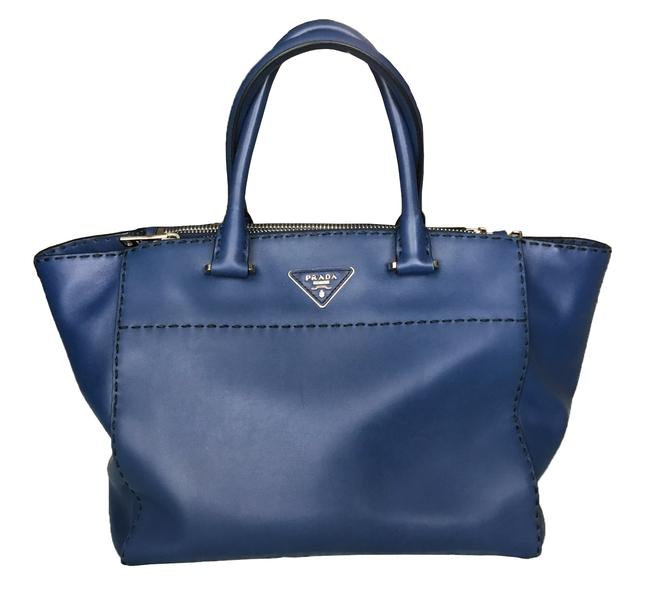Prada Twin Pocket Double Handle Blue Calfskin Leather Tote