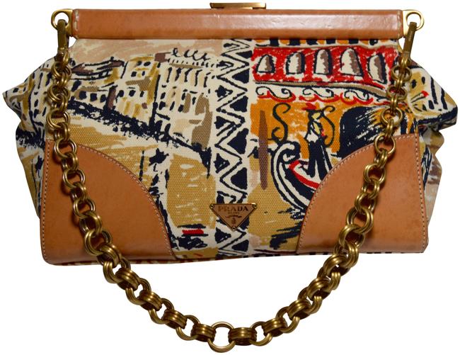 Prada Venetian Collection TanBeige Canvas Vachetta Leather Tote