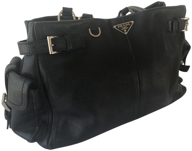 Prada Shoulder Bag Vilello Daino Black Leather Tote
