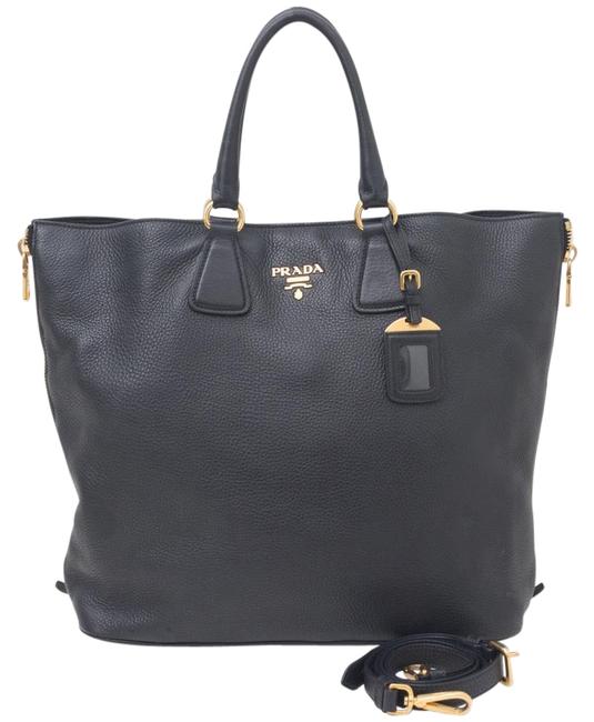 Prada Vitello Daino Bag Expandable Side Zip Shopper Black Leather Tote