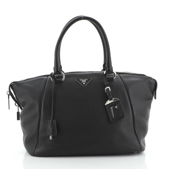 Prada Vitello Daino Double Handle Satchel Large Black Leather Tote
