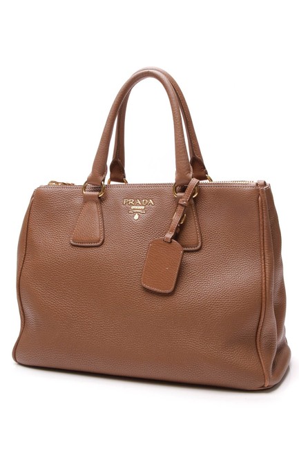 Prada Vitello Daino Double Zip Caramel Brown Leather Tote