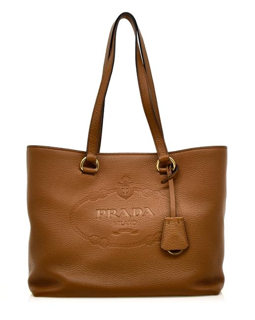 Prada Vitello Daino Embossed Logo Brown Leather Tote