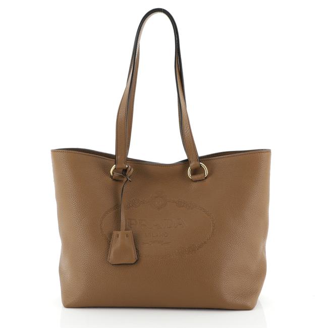 Prada Vitello Daino Embossed Logo Medium Brown Leather Tote