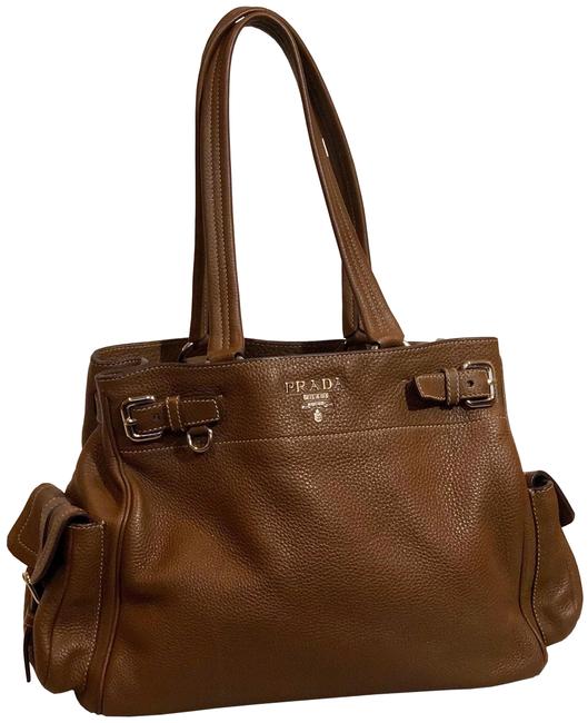 Prada Vitello Daino Side Pocket Brown Leather Tote