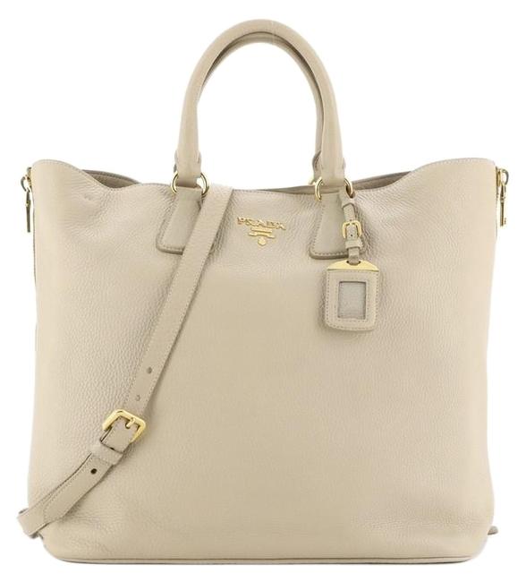 Prada Vitello Daino Side Zip Convertible Large Neutral Leather Tote