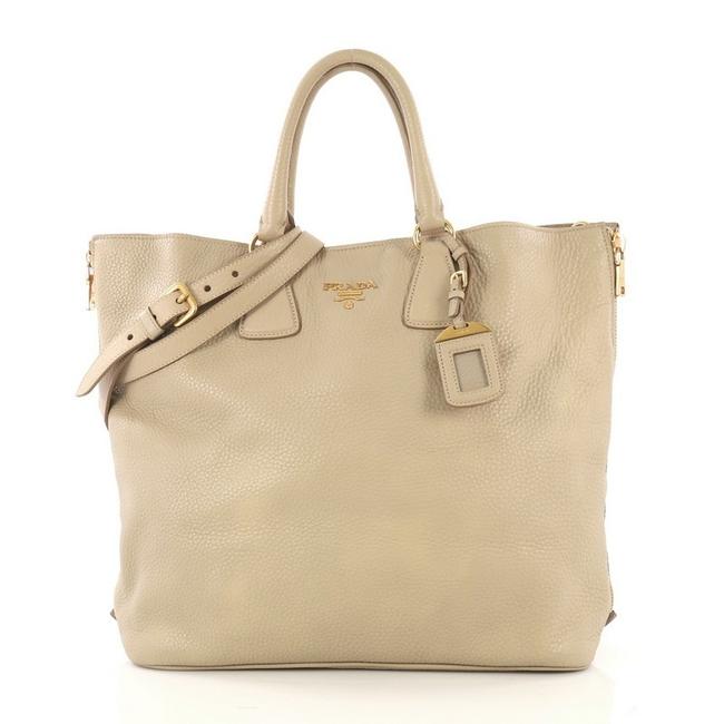 Prada Vitello Daino Side Zip Convertible Shopper Large Beige Leather Tote