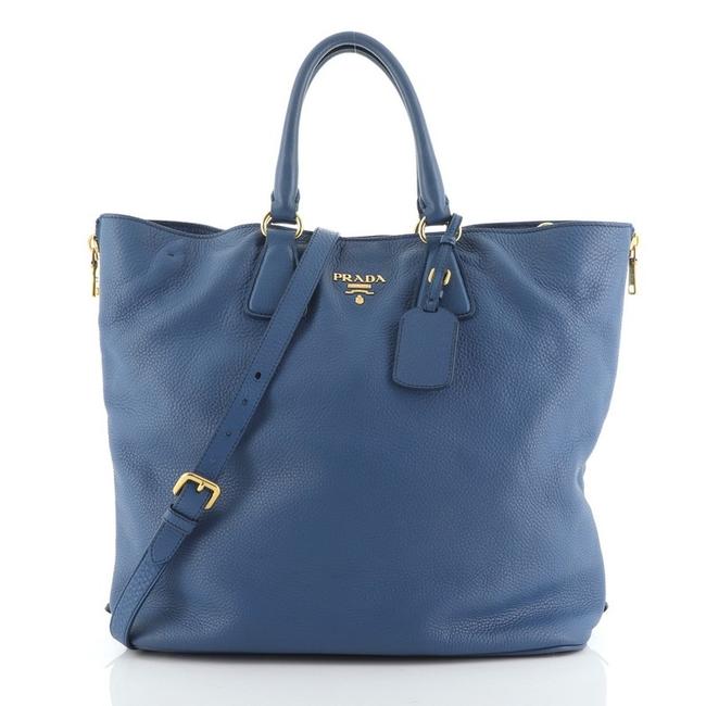 Prada Vitello Daino Side Zip Convertible Shopper Large Blue Leather Tote