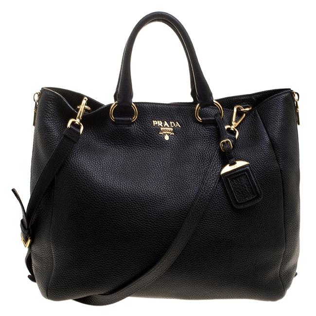 Prada Vitello Diano Side Zip Black Leather Tote