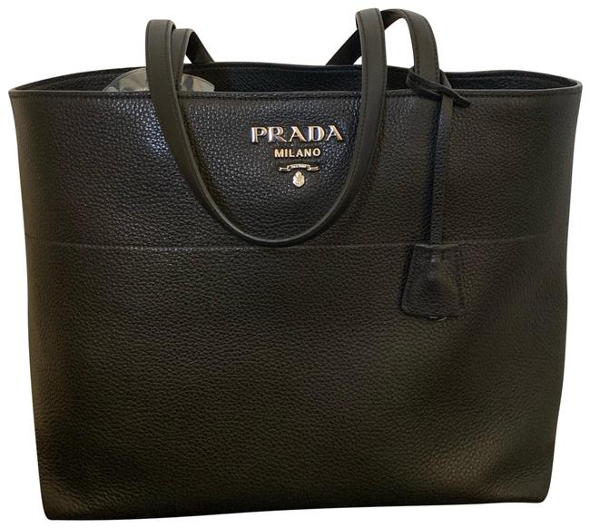 Prada W Daino W Silver Hardware Black Leather Tote