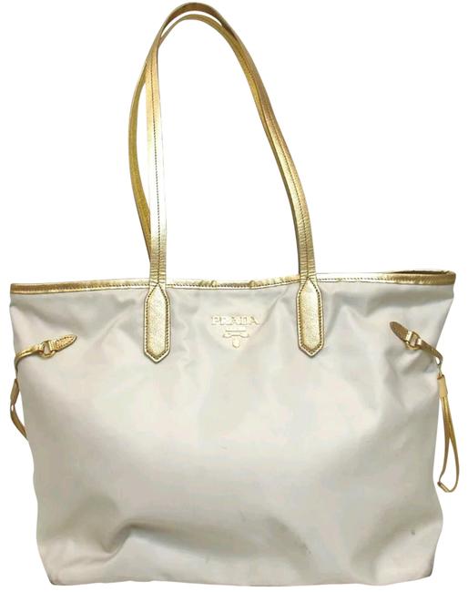 Prada Shoulder Bag White Shopper Shopping Large Cream and Gold Nylon Tote
