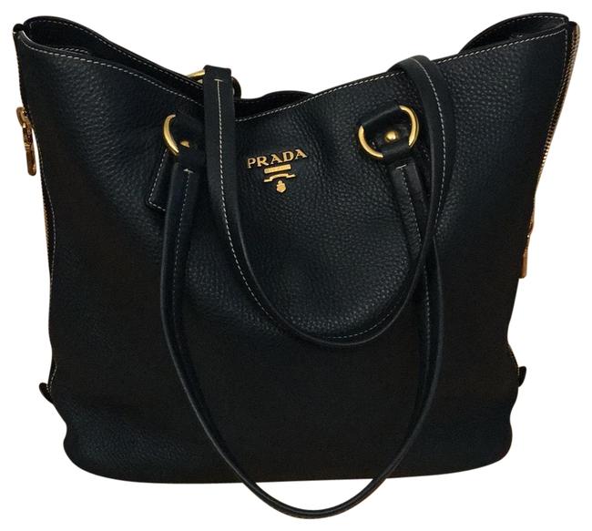 Prada With Side Zippers Br4372 Blue  Gold Leather Tote