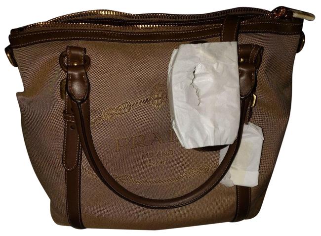 Prada Womens Jacquard Logo Beige Canvas Tote