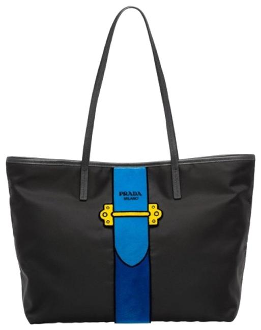 Prada Womens Tessuto Ricamo with Blue Velvet Stripe 1bg065 Black Nylon Tote