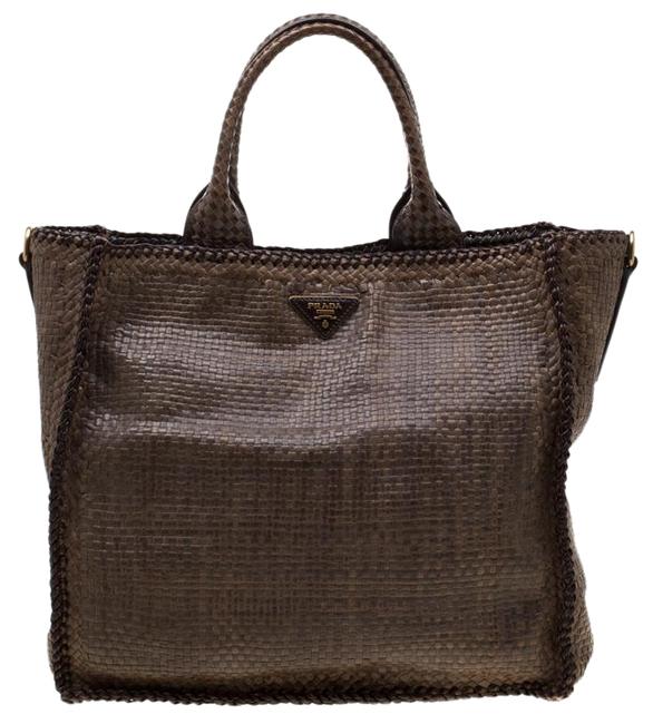 Prada Woven Large Madras Brown Leather Tote