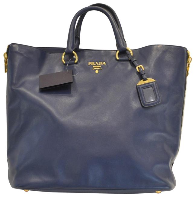 Prada Zipper Detail Bluette Blue Leather Tote