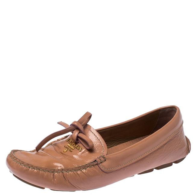 Prada Beige Nude Patent Leather Bow Loafers Flats