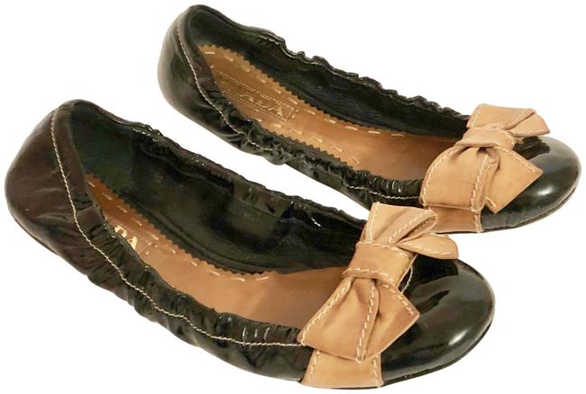 Prada Black and Brown Patent Leather Flats