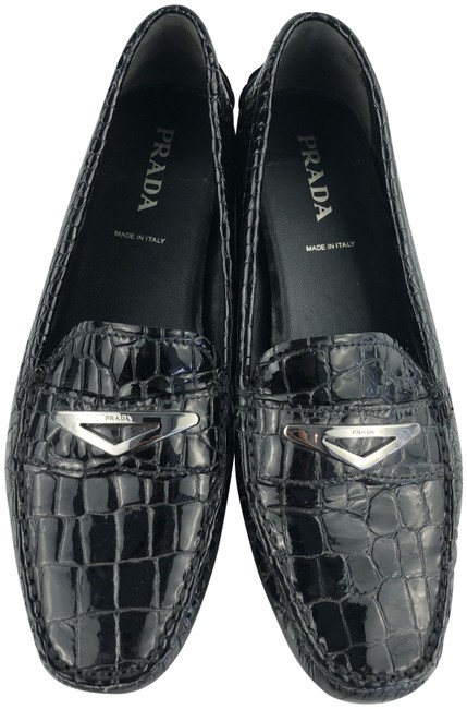 Prada Black Croc Embossed Patent Loafers Flats