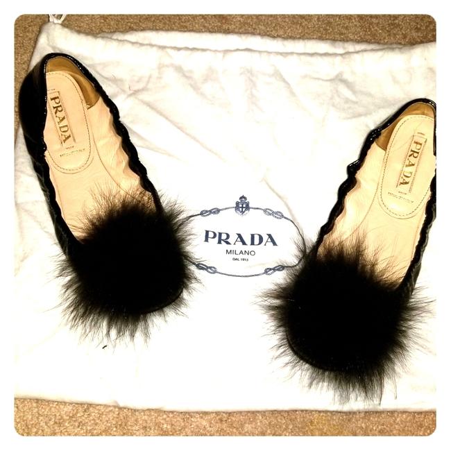 Prada Black Patent Leather and Fur Flats