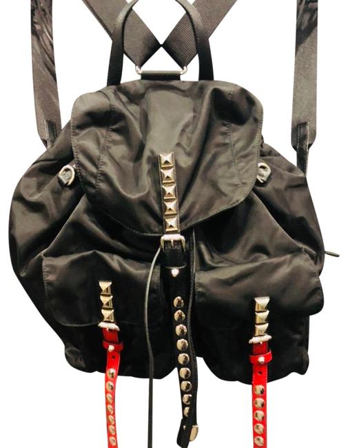 Prada Messenger Black Red and Silver Nylon Leather Backpack