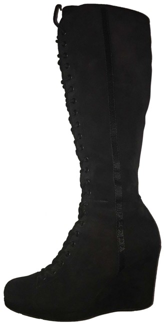 Prada Black Suede Sport Wedge Knee high BootsBooties