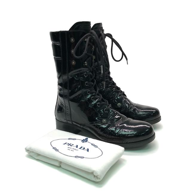 Prada Black W Patent Leather Combat Logo BootsBooties