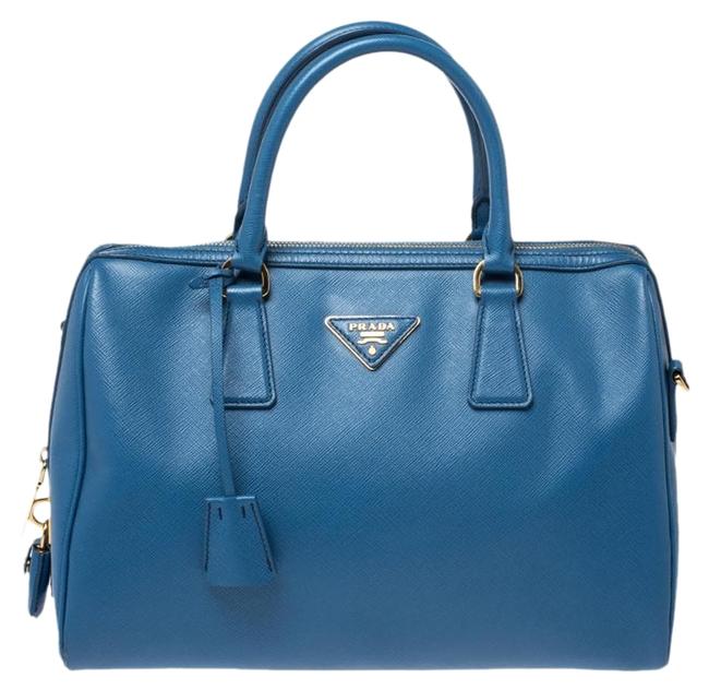 Prada Boston Bag Lux Saffiano Blue Leather Baguette