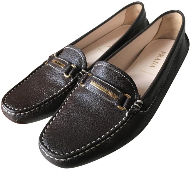 Prada Brown Leather Saffiano Driver Flats