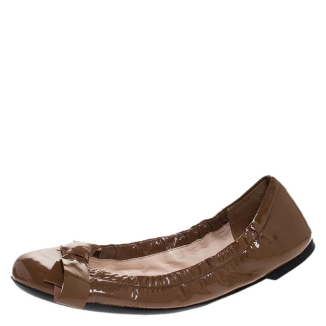 Prada Brown Patent Leather Bow Scrunch Ballet Flats