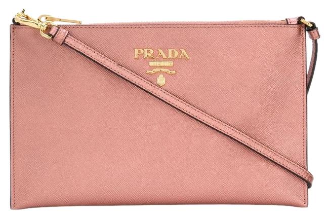 Prada Clutch Logo Zipped Dusty Pink Saffiano Leather Wristlet