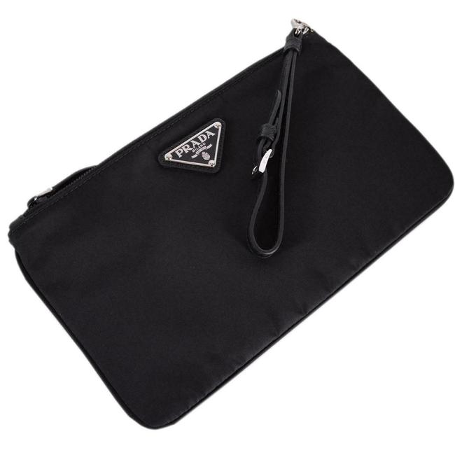 Prada Clutch W Tessuto Pouch Case Silver Logo 1nh545 Black Nylon Wristlet