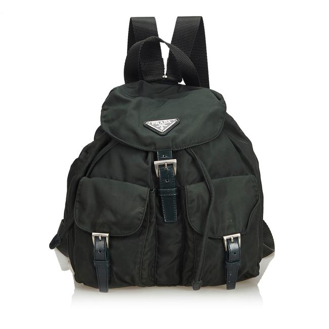Prada Drawstring Dark Fabric Italy Green Nylon Leather Backpack