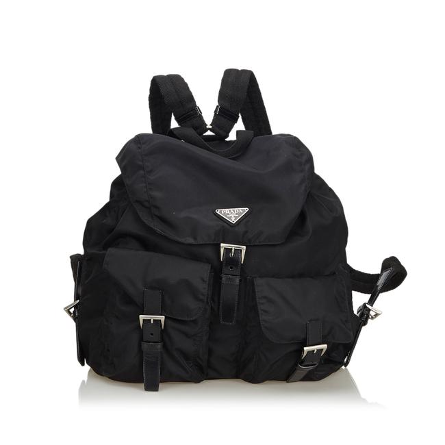 Prada Drawstring Fabric Italy Black Nylon Leather Backpack