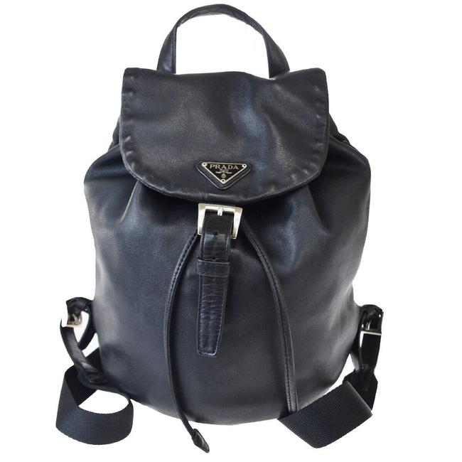 Prada Drawstring Logos Italy Black Leather Backpack