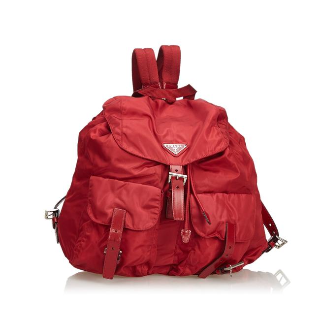 Prada Drawstring Fabric Italy Red Nylon Leather Backpack