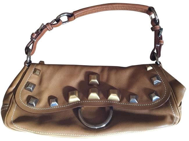 Prada Gold and Silver Studs Tan Leather Baguette