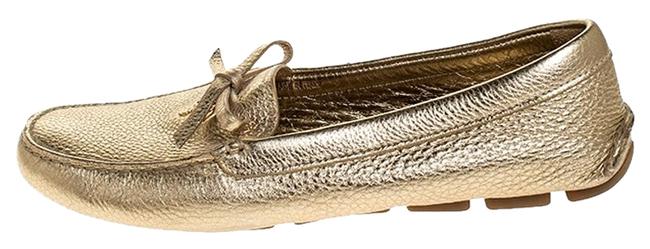 Prada Gold Metallic Leather Bow Slip On Loafers Flats