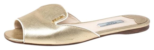 Prada Gold Metallic Saffiano Leather Slides 375 Flats
