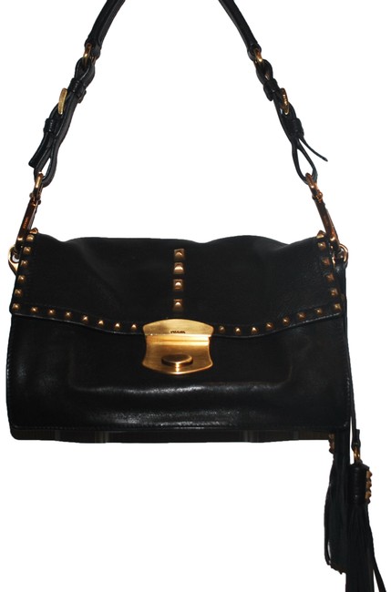 Prada Gold Studded Black Lambskin Leather Baguette